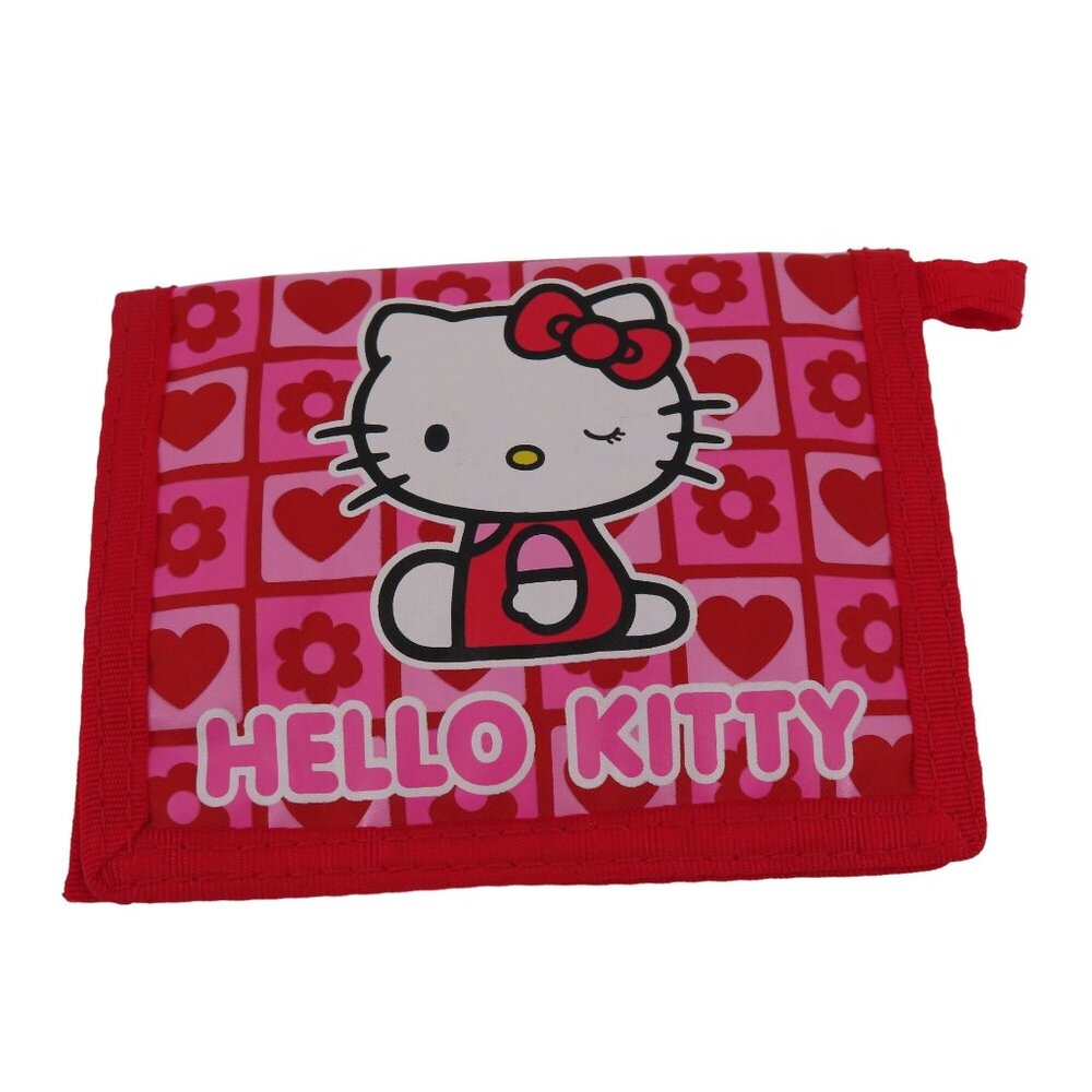 Sanrio Hello Kitty 2005 Pink Red Heart Daisy Flower Print Bifold Wallet Y2K VTG
